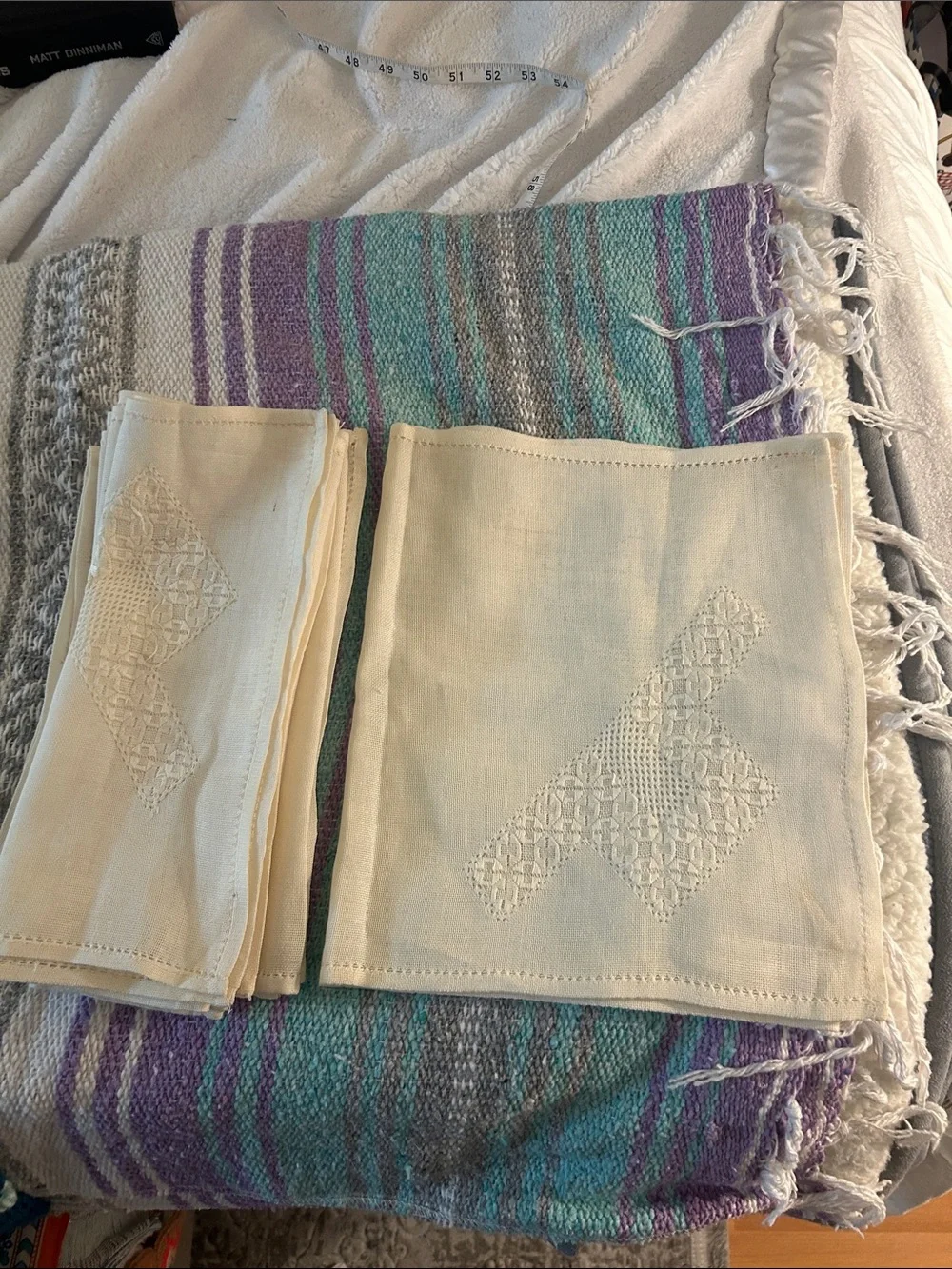 Vintage Linen Hardanger Embroidered Norwegian Runner with 5 Matching Placemat